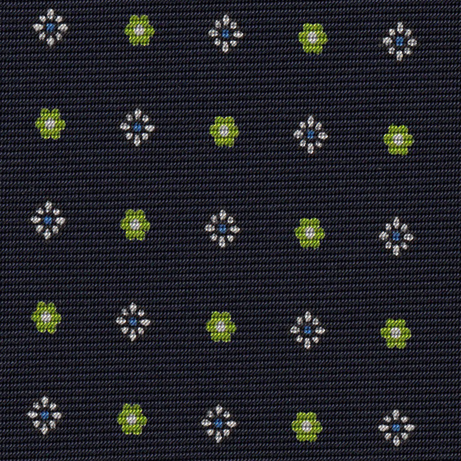 Sky Blue, White & Lime Green onMidnight Blue Macclesfield Print Pattern Silk