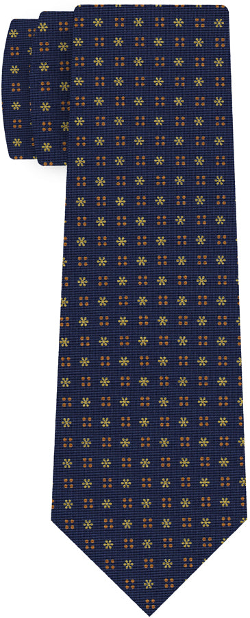 {[en]:Yellow Corn & Burnt Orange on Dark Navy Blue Macclesfield Print Pattern Silk Tie