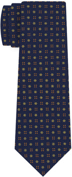 {[en]:Yellow Corn & Burnt Orange on Dark Navy Blue Macclesfield Print Pattern Silk Tie