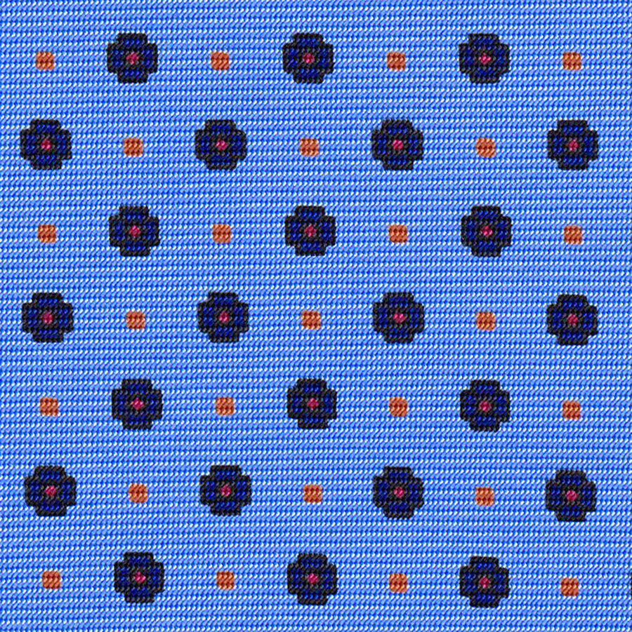 {[en]:Midnight Blue, Red & Burnt Orange on Sky Blue Macclesfield Print Pattern Silk Tie