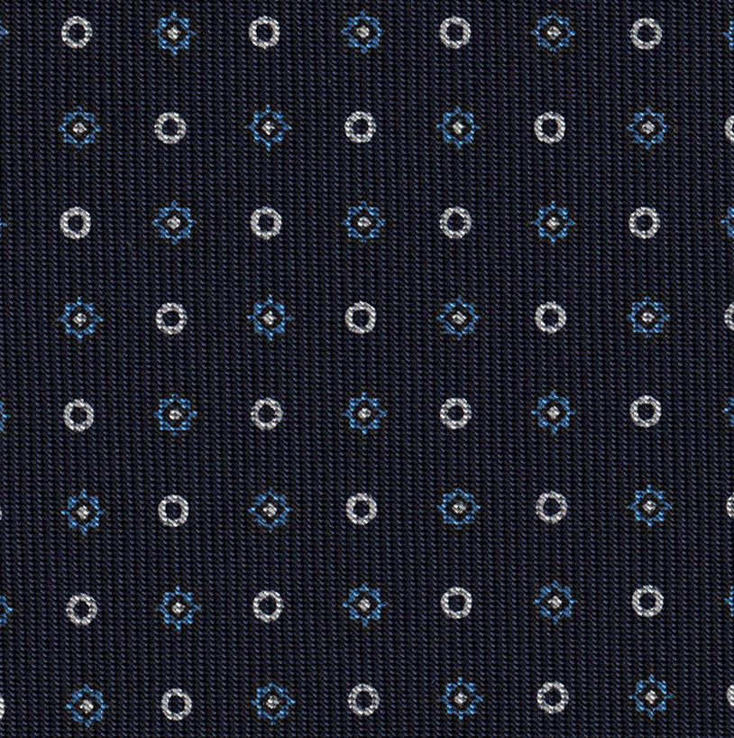 White & Sky Blue on Midnight Blue Macclesfield Print Pattern Silk