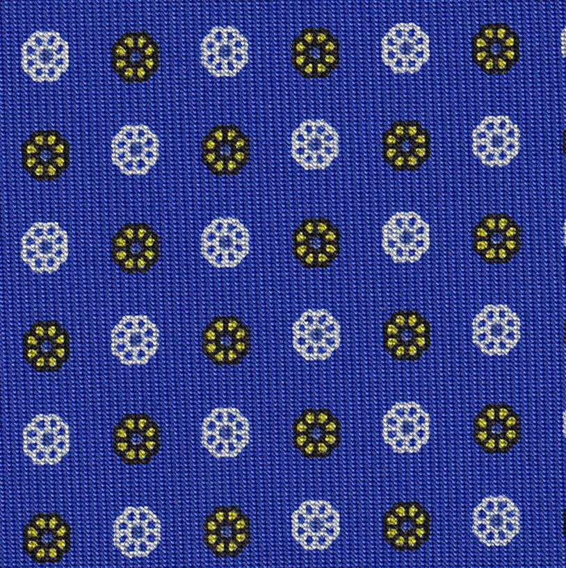 {[en]:White, Black & Yellow on Royal Blue Macclesfield Print Pattern Silk Tie