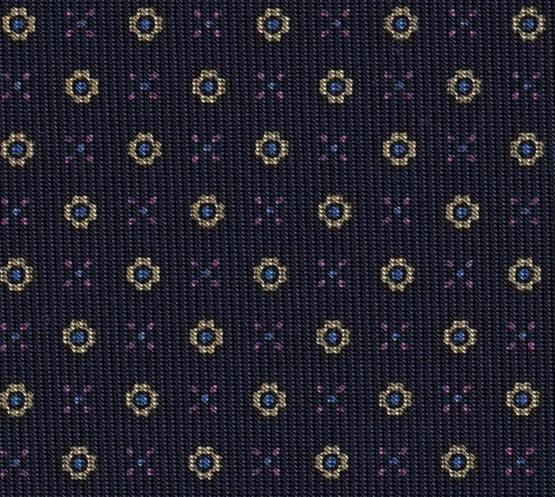 {[en]:Sky Blue, Gold & Dark fuchsia on Midnight Blue Macclesfield Print Pattern Silk Tie