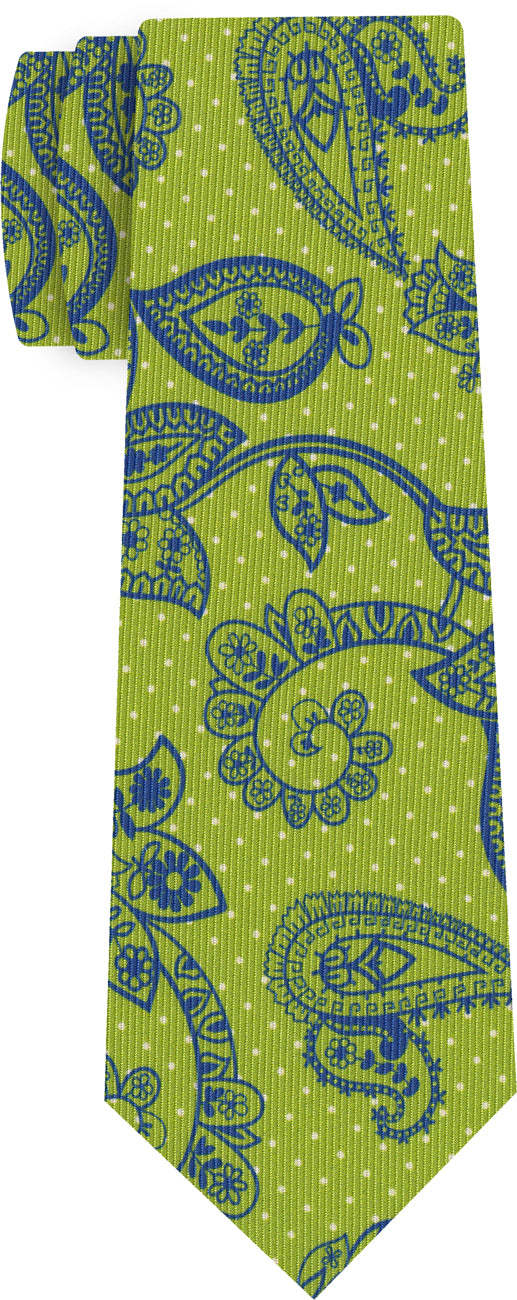 {[en]:Blue & Off-White on Lime Green Macclesfield Print Pattern Silk Tie