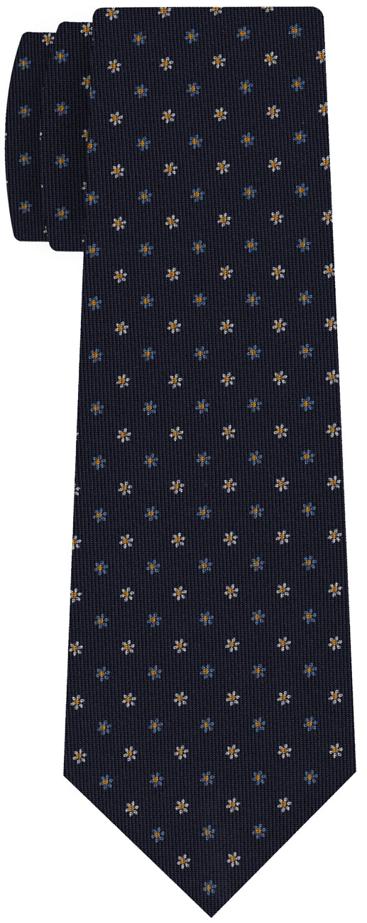 {[en]:White, Sky Blue & Yellow Gold on Midnight Blue Macclesfield Print Pattern Silk Tie