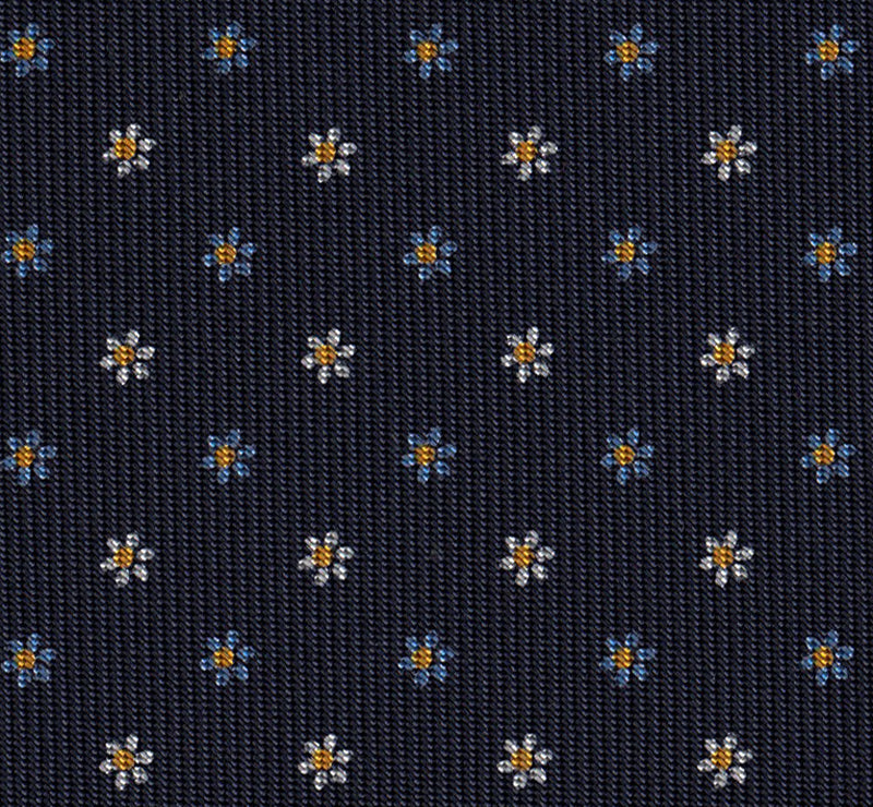 {[en]:White, Sky Blue & Yellow Gold on Midnight Blue Macclesfield Print Pattern Silk Tie