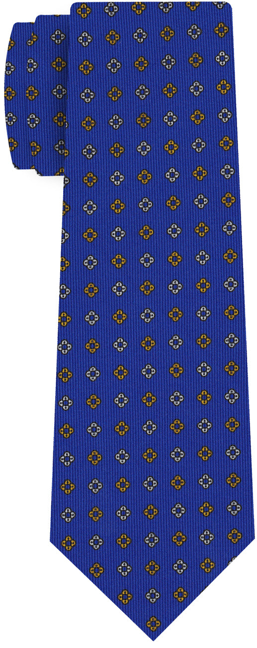 {[en]:Off-White & Yellow Gold on Royal Blue Macclesfield Print Pattern Silk Tie