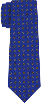{[en]:Off-White & Yellow Gold on Royal Blue Macclesfield Print Pattern Silk Tie