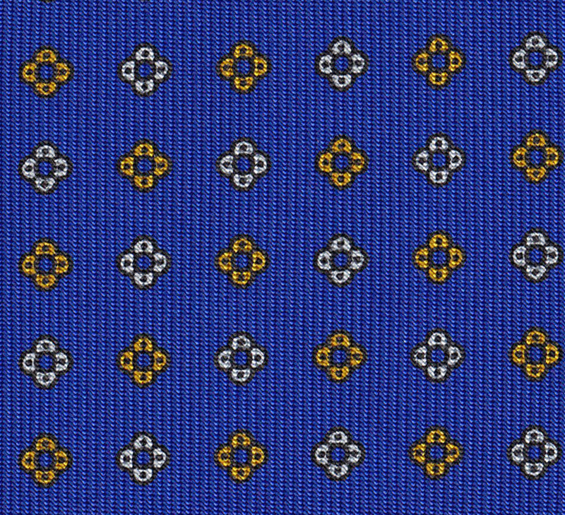 Off-White & Yellow Gold on Royal Blue Macclesfield Print Pattern Silk