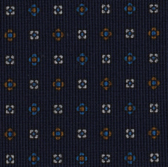{[en]:Chocolate, Sky Blue & White on Midnight Blue Macclesfield Print Pattern Silk Tie