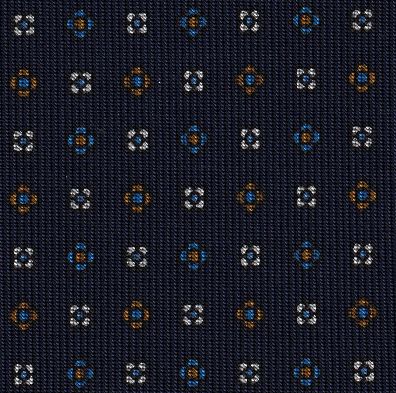 Chocolate, Sky Blue & White on Midnight Blue Macclesfield Print Pattern Silk Pocket Square #MCP-477