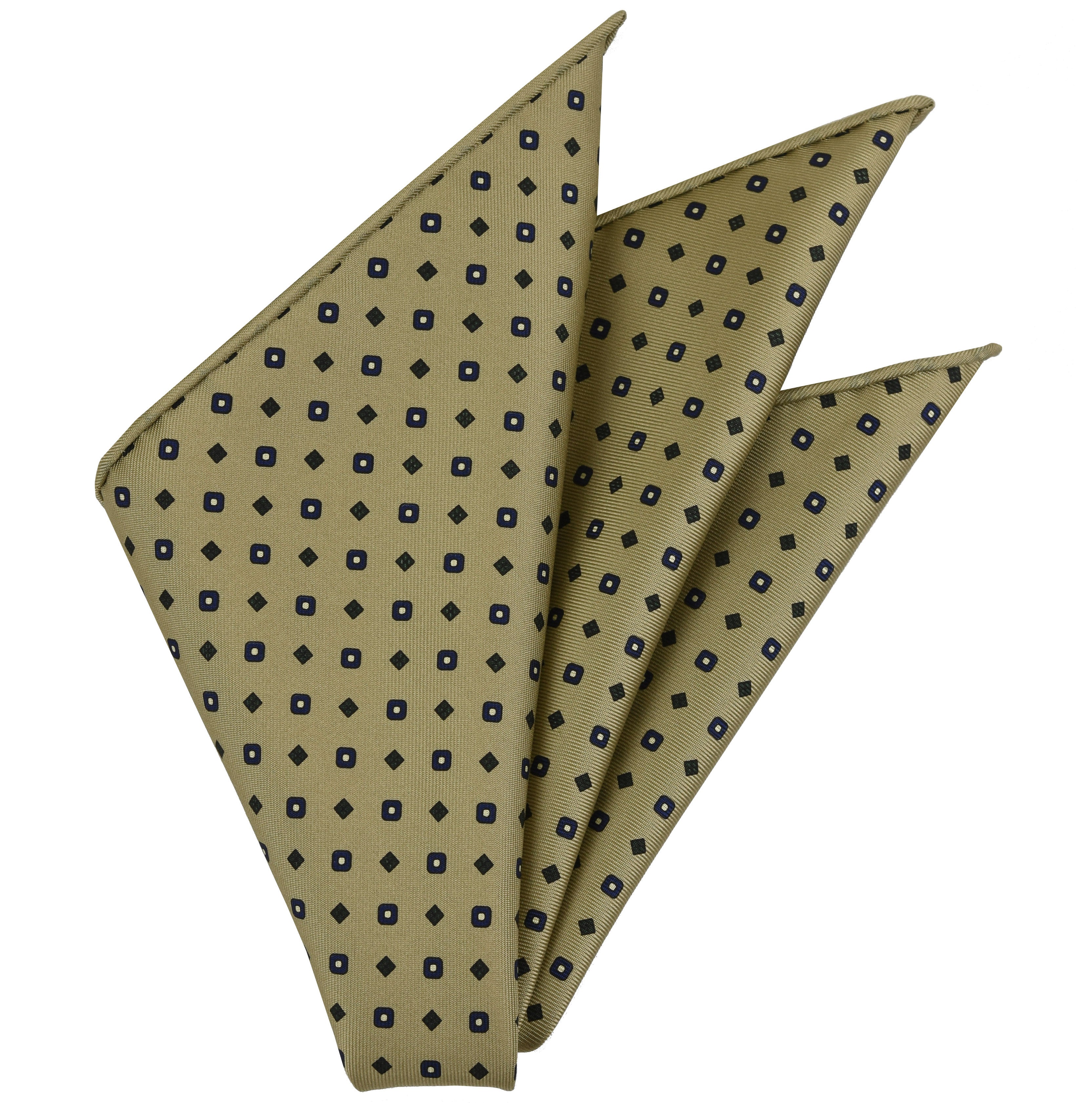 Forest Green, Blue, Off-White & Midnight Blue on Sand Macclesfield Print Pattern Silk Pocket Square #MCP-493