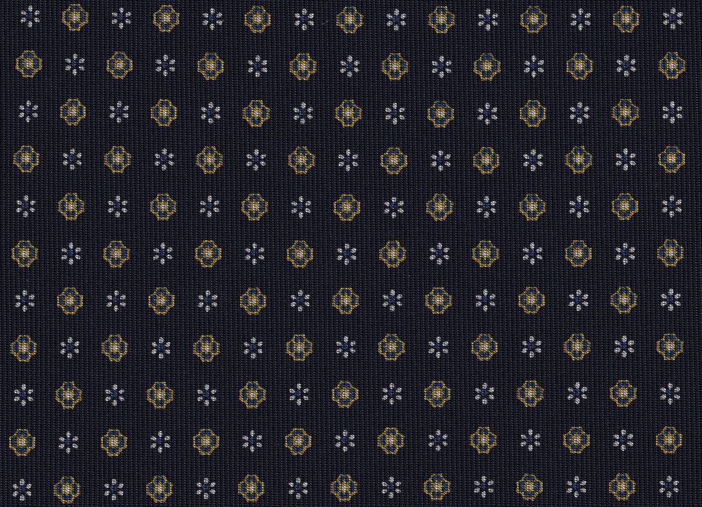 {[en]:Gold, Off-White & Blue on Midnight Blue Macclesfield Print Pattern Silk Tie