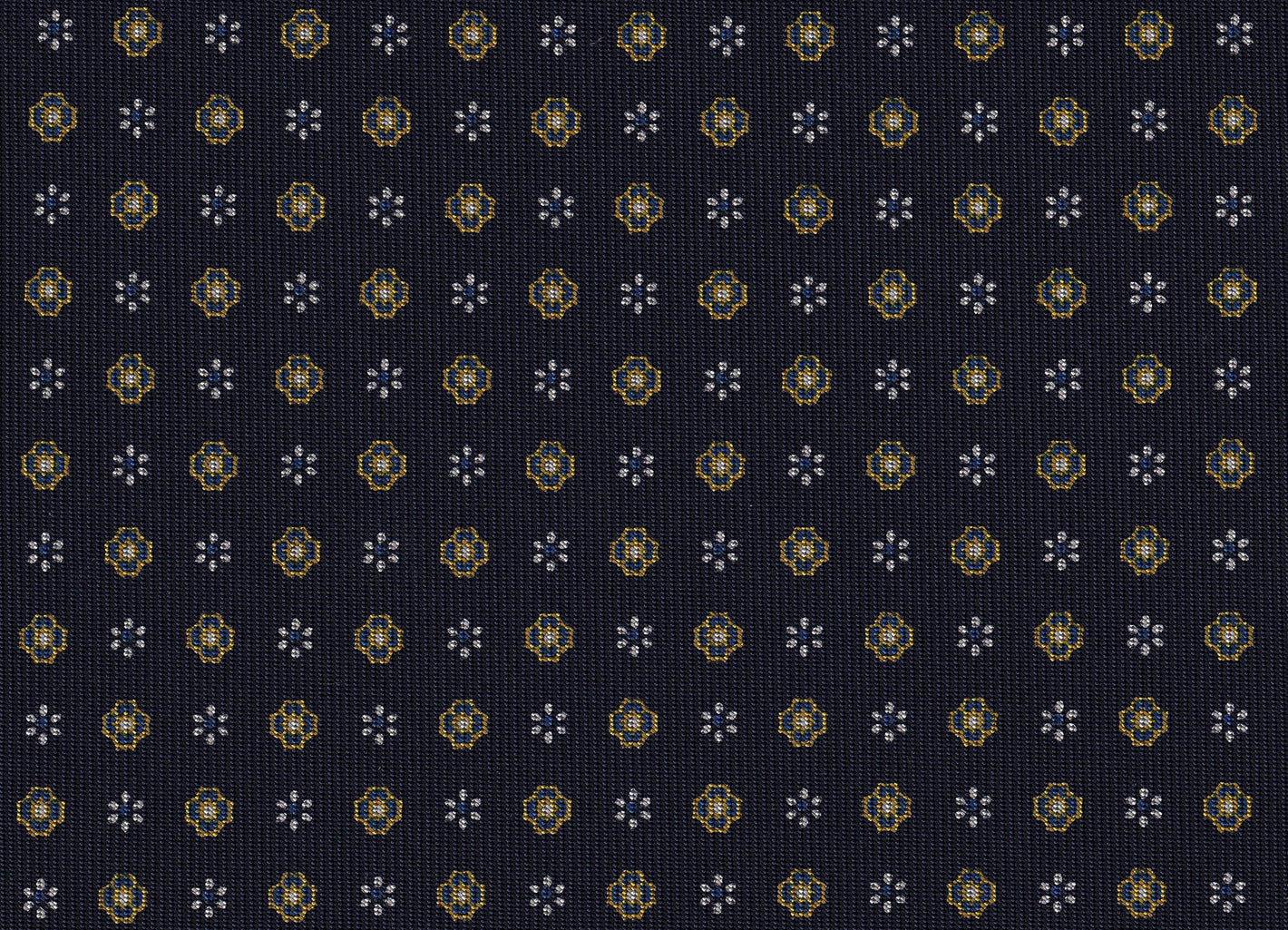 {[en]:Gold, Off-White & Blue on Midnight Blue Macclesfield Print Pattern Silk Tie