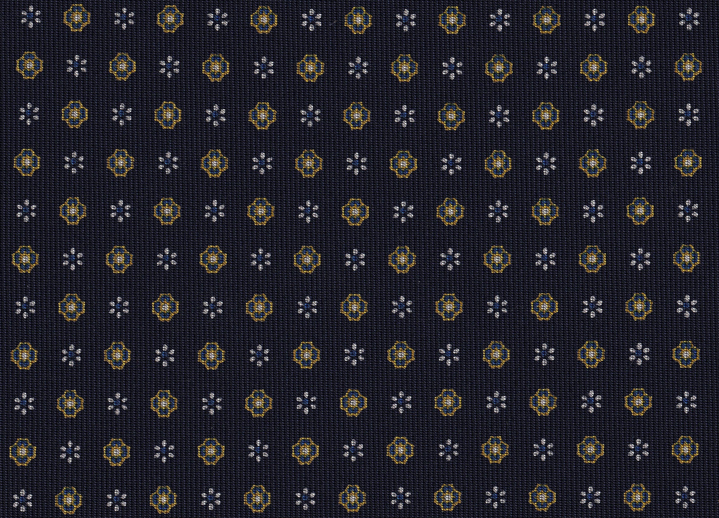 {[en]:Gold, Off-White & Blue on Midnight Blue Macclesfield Print Pattern Silk Tie