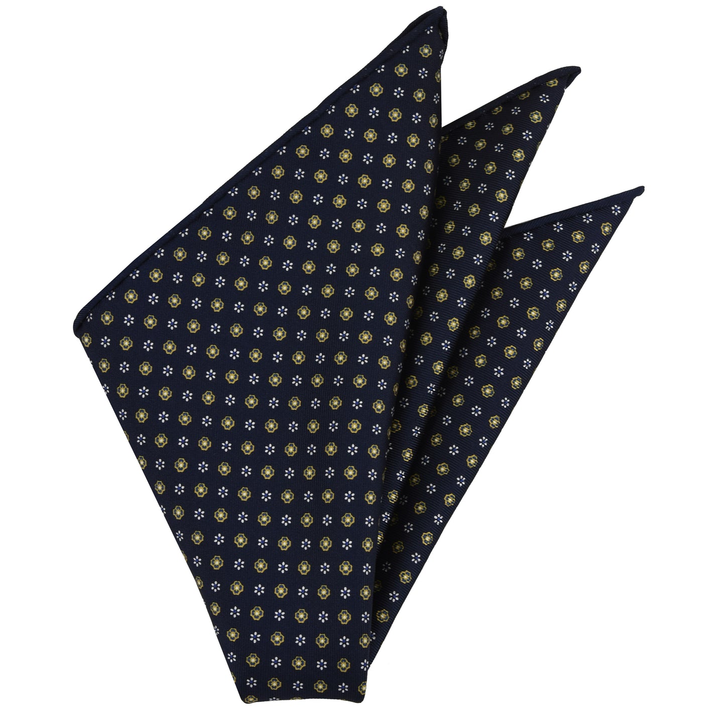 {[en]:Gold, Off-White & Blue on Midnight Blue Macclesfield Print Pattern Silk Pocket Square