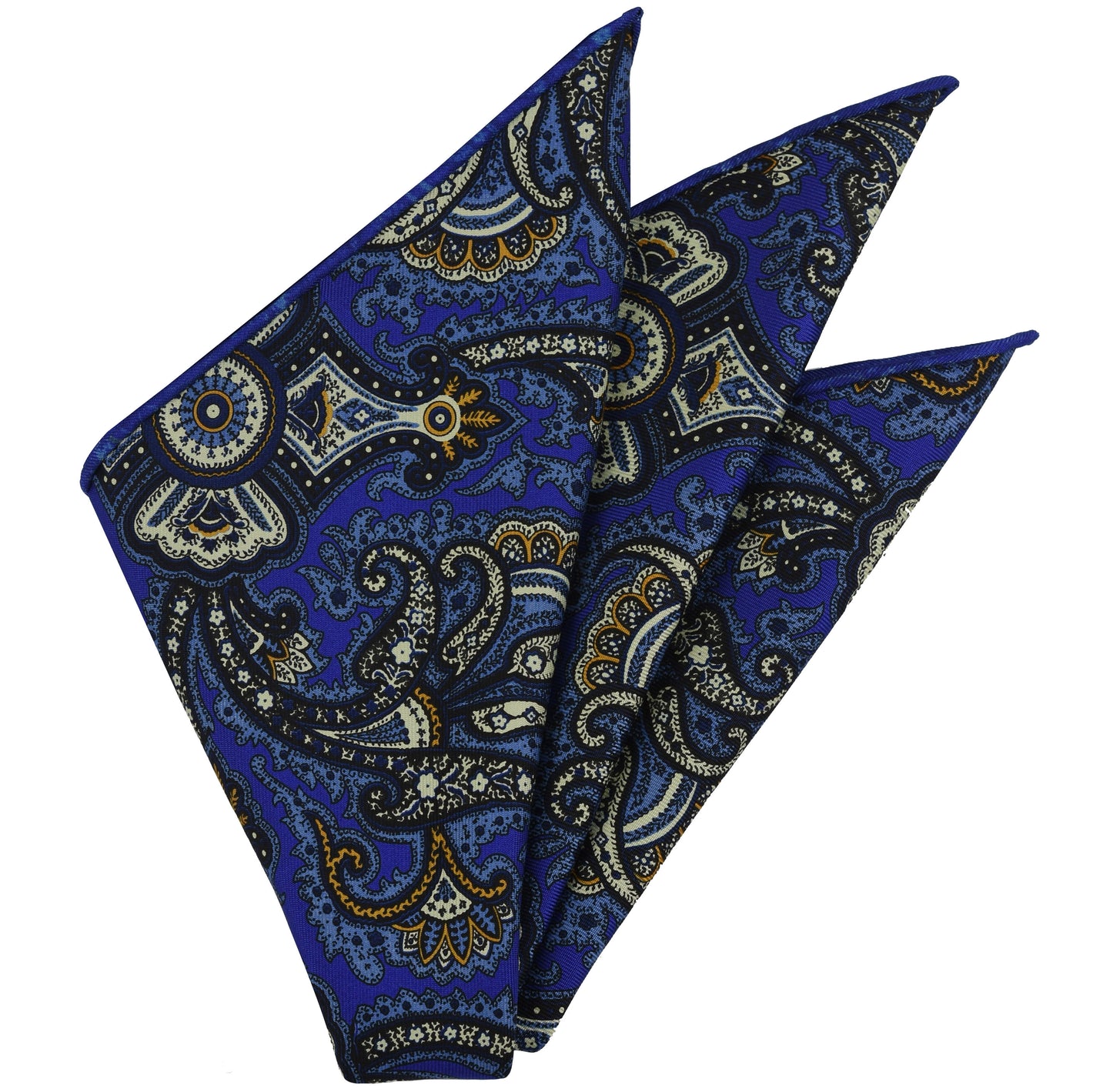 {[en]:Mandarin, Sky Blue, Off-White & Midnight Blue on Royal Blue Macclesfield Print Pattern Silk Pocket Square