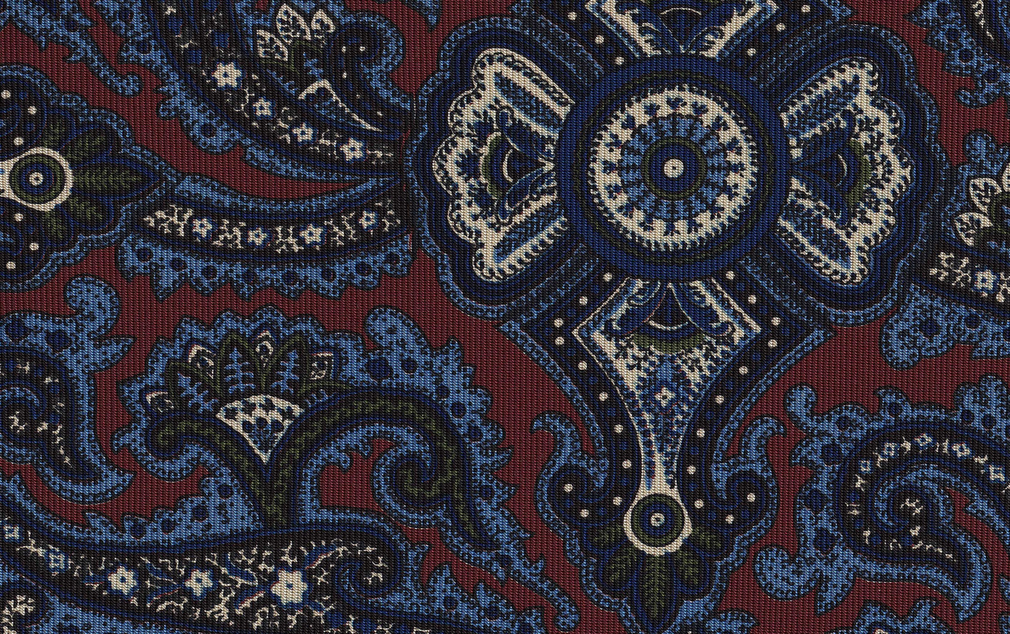 {[en]:Sky Blue, Olive Green, Off-White & Midnight Blue on Red Macclesfield Print Pattern Silk Tie