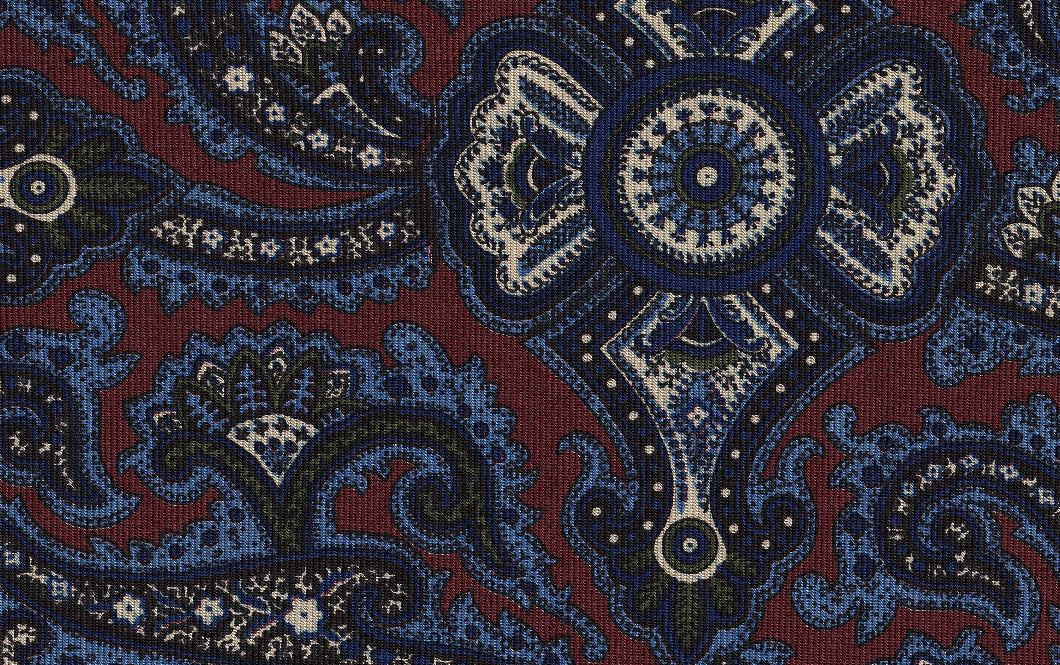 {[en]:Sky Blue, Olive Green, Off-White & Midnight Blue on Red Macclesfield Print Pattern Silk Tie