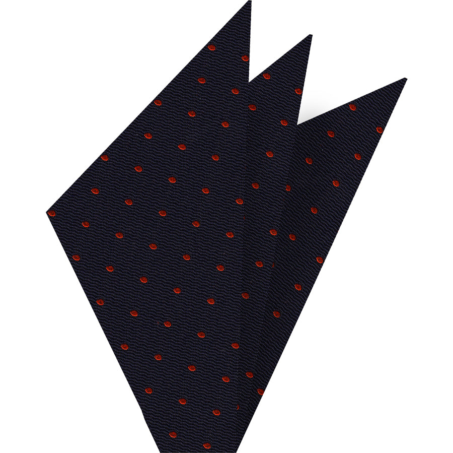 {[en]:Red Dots on Dark Navy Pin-Dot Silk Pocket Square