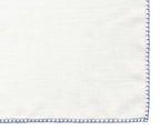 Belgian White Linen Pocket Squares with Navy Blue Hand Sewn Decorative Flat Edges