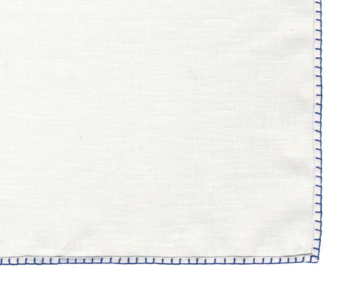 Belgian White Linen Pocket Squares with Navy Blue Hand Sewn Decorative Flat Edges