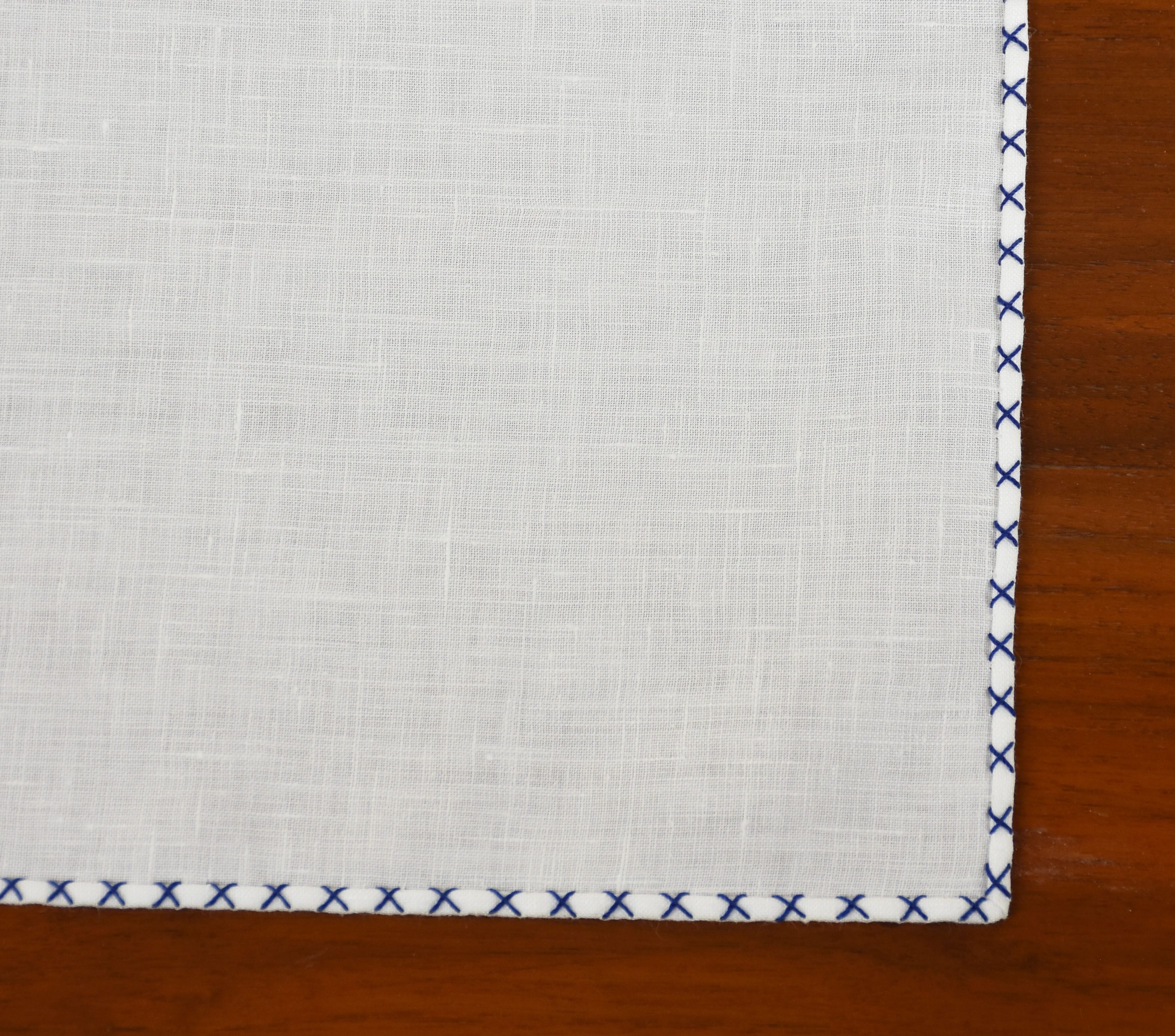 {[en]:Navy Blue X Pattern Belgian White Linen Pocket Square