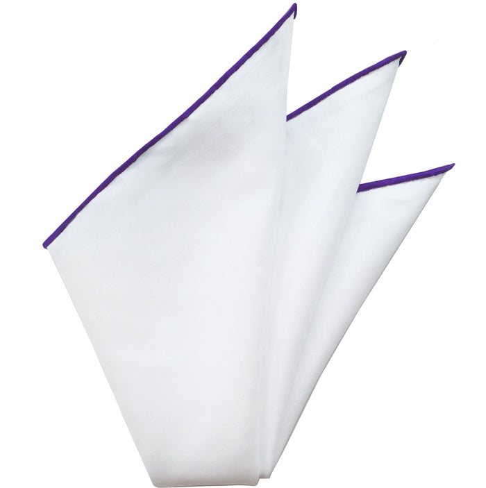 {[en]:Natural White Linen/Cotton With Purple Contrast Edges Pocket Square