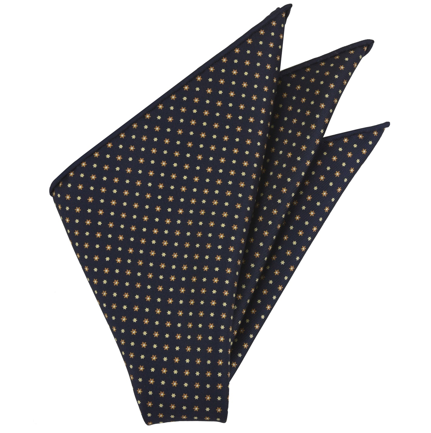 {[en]:Burnt Orange, Light Yellow, Off-White on Midnight Blue Macclesfield Print Pattern Silk Pocket Square