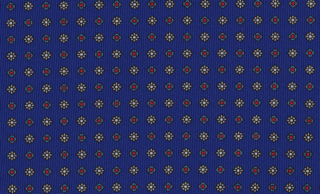 {[en]:Off-White, Red, Sky Blue & Midnight Blue on Royal Blue Macclesfield Print Pattern Silk Tie