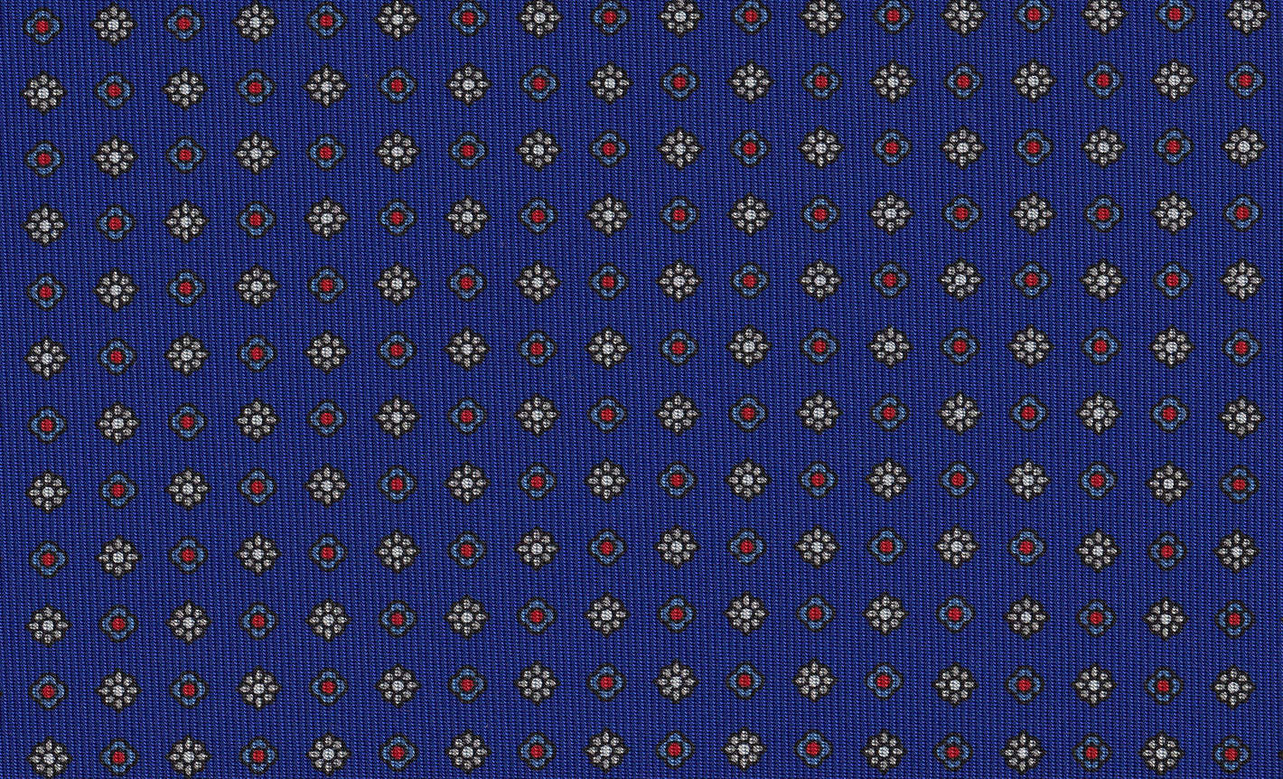 {[en]:Off-White, Red, Sky Blue & Midnight Blue on Royal Blue Macclesfield Print Pattern Silk Tie