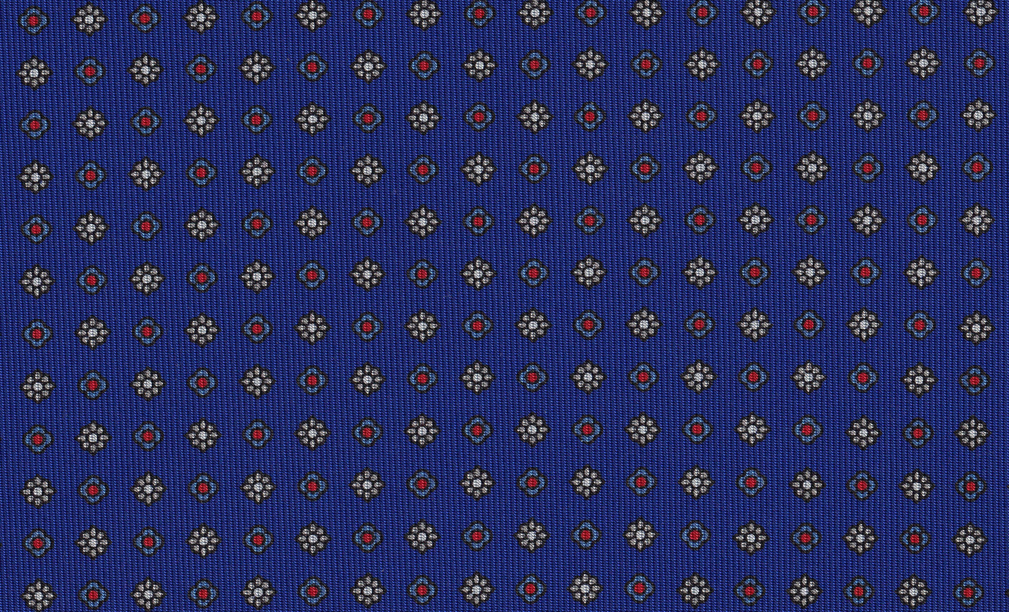 {[en]:Off-White, Red, Sky Blue & Midnight Blue on Royal Blue Macclesfield Print Pattern Silk Tie