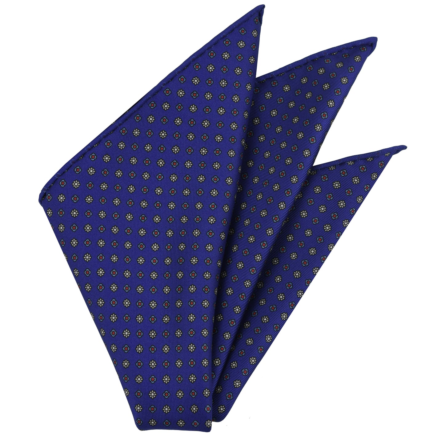 {[en]:Off-White, Red, Sky Blue & Midnight Blue on Royal Blue Macclesfield Print Pattern Silk Pocket Square