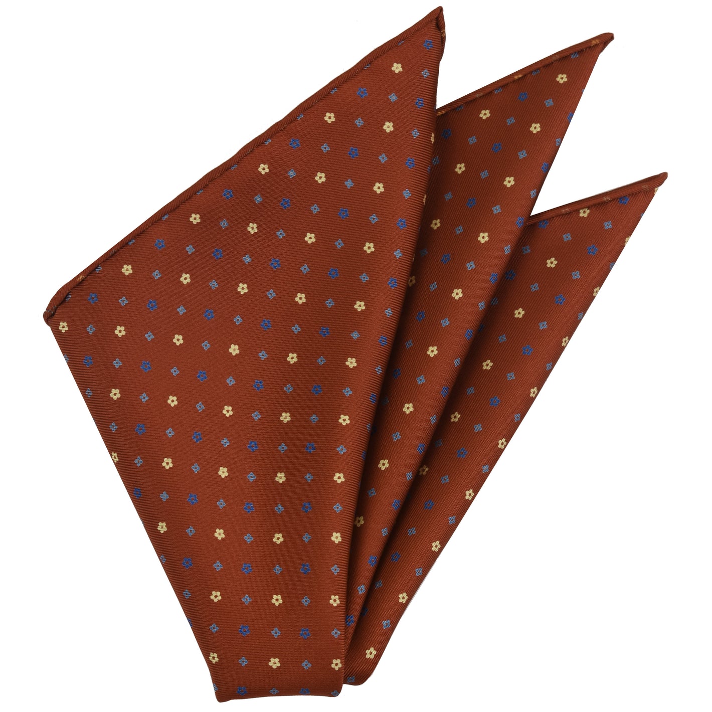 {[en]:Blue, Sky Blue & Light Yellow on Burnt Orange Macclesfield Print Pattern Silk Pocket Square