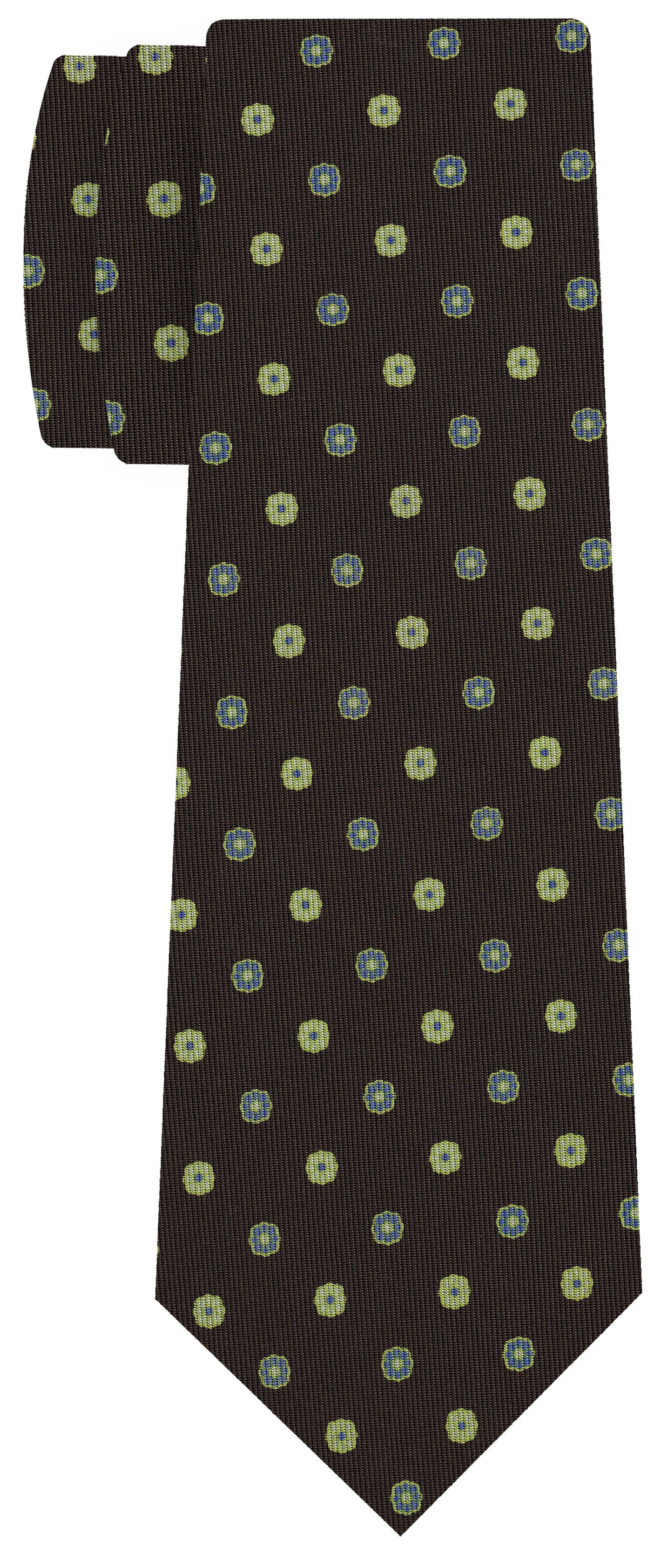 {[en]:Sky Blue, Light Yellow & Off-White on Dark Chocolate Macclesfield Print Pattern Silk Tie