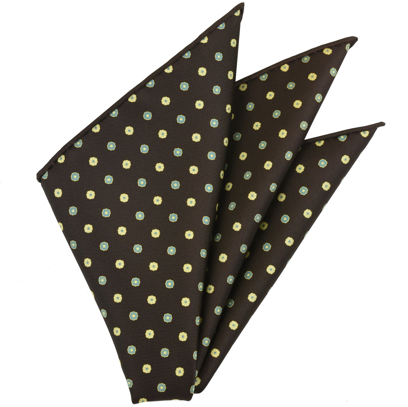 {[en]:Sky Blue, Light Yellow & Off-White on Dark Chocolate Macclesfield Print Pattern Silk Pocket Square