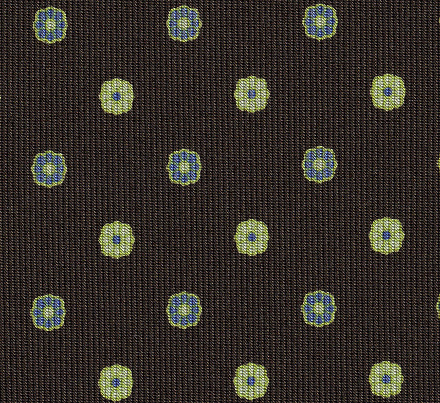 {[en]:Sky Blue, Light Yellow & Off-White on Dark Chocolate Macclesfield Print Pattern Silk Tie
