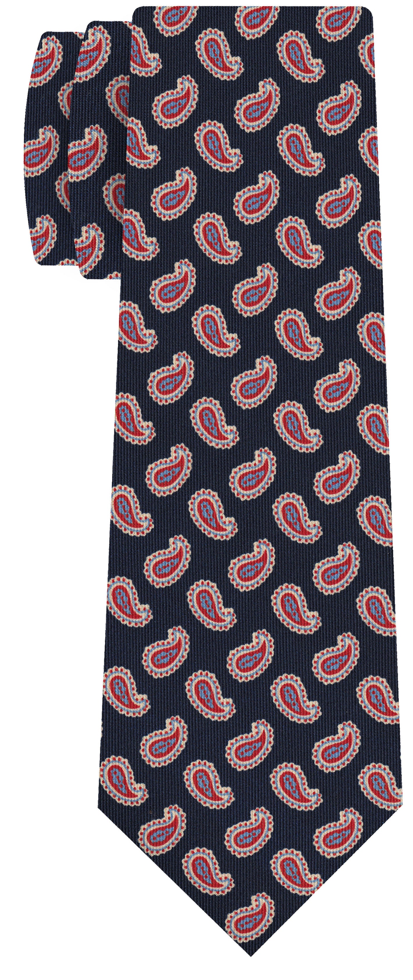 {[en]:Sky Blue, Red & Off-White on Midnight Blue Macclesfield Print Pattern Silk Tie