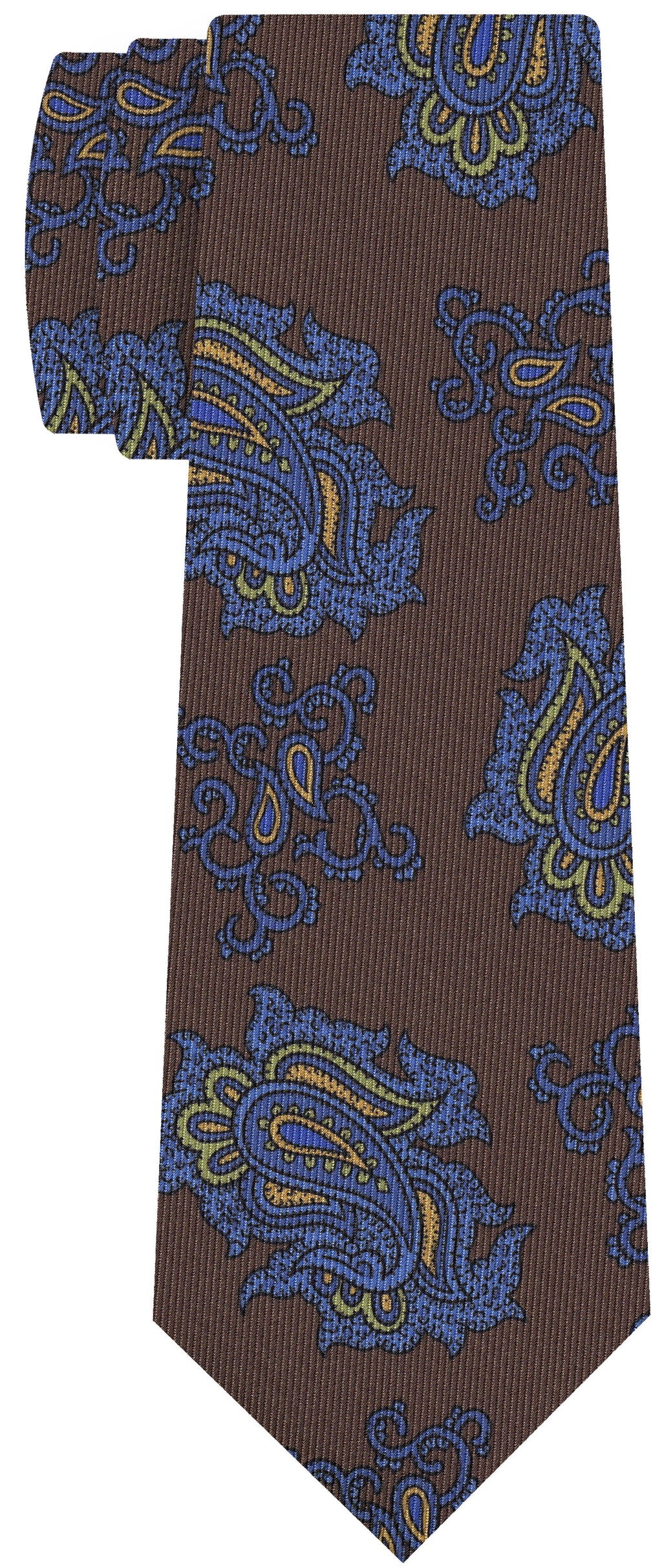 {[en]:Blue, Brown & Olive Green on Chocolate Macclesfield Print Pattern Silk Tie