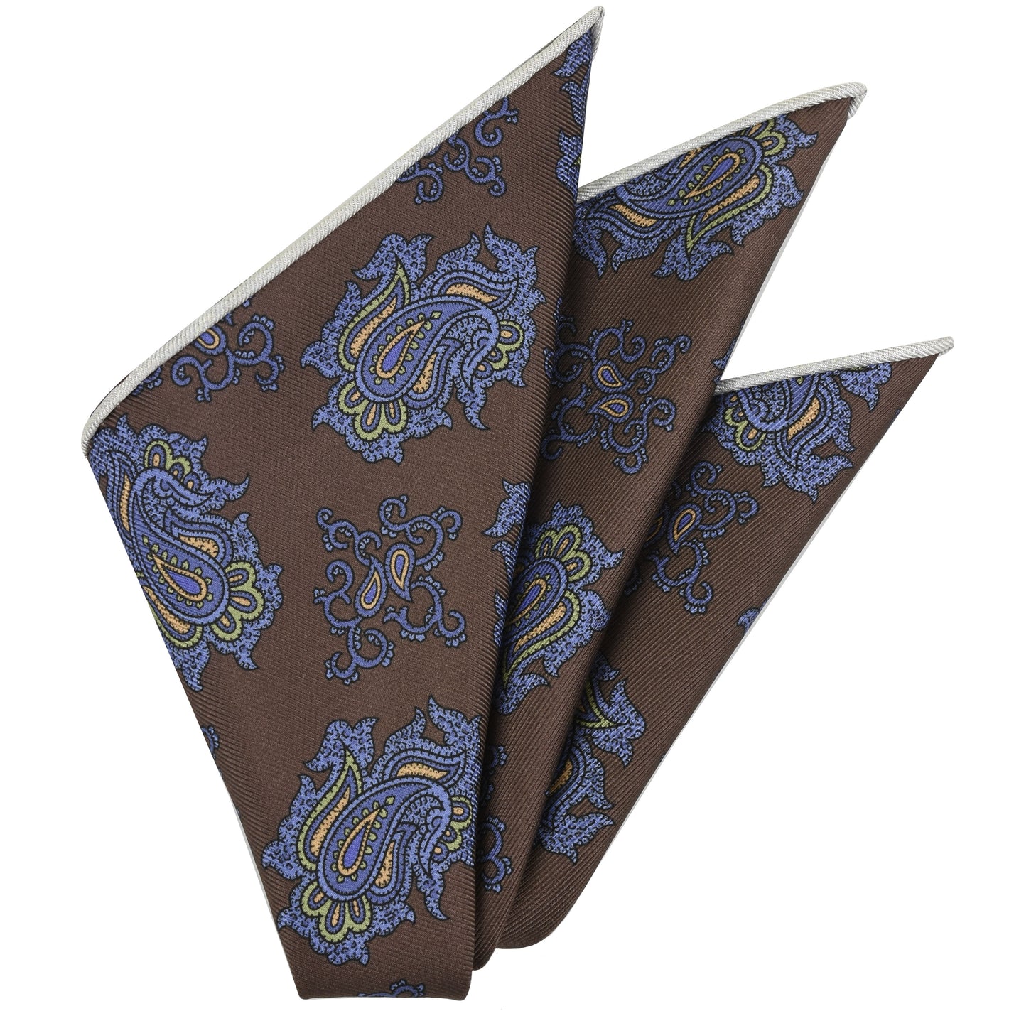 {[en]:Blue, Brown & Olive Green on Chocolate Macclesfield Print Pattern Silk Tie