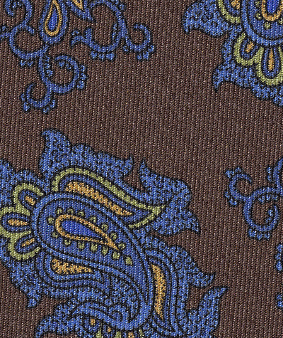 {[en]:Blue, Brown & Olive Green on Chocolate Macclesfield Print Pattern Silk Tie