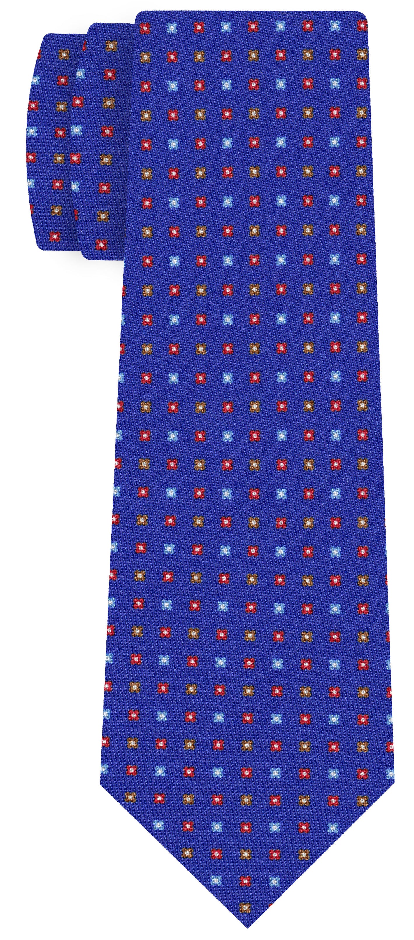 {[en]:Red, Sky Blue, Chocolate & Off-White on Royal Blue Macclesfield Print Pattern Silk Tie
