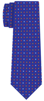 {[en]:Red, Sky Blue, Chocolate & Off-White on Royal Blue Macclesfield Print Pattern Silk Tie