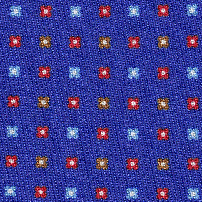 {[en]:Red, Sky Blue, Chocolate & Off-White on Royal Blue Macclesfield Print Pattern Silk Tie