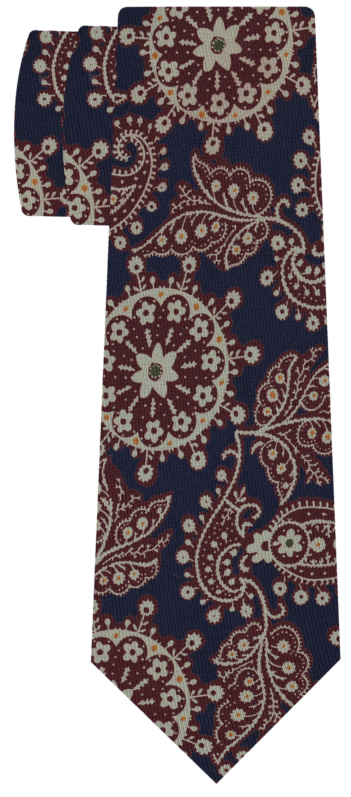 {[en]:Dark Burgundy, Yellow Gold & Light Green on Dark Navy Macclesfield Print Pattern Silk Tie