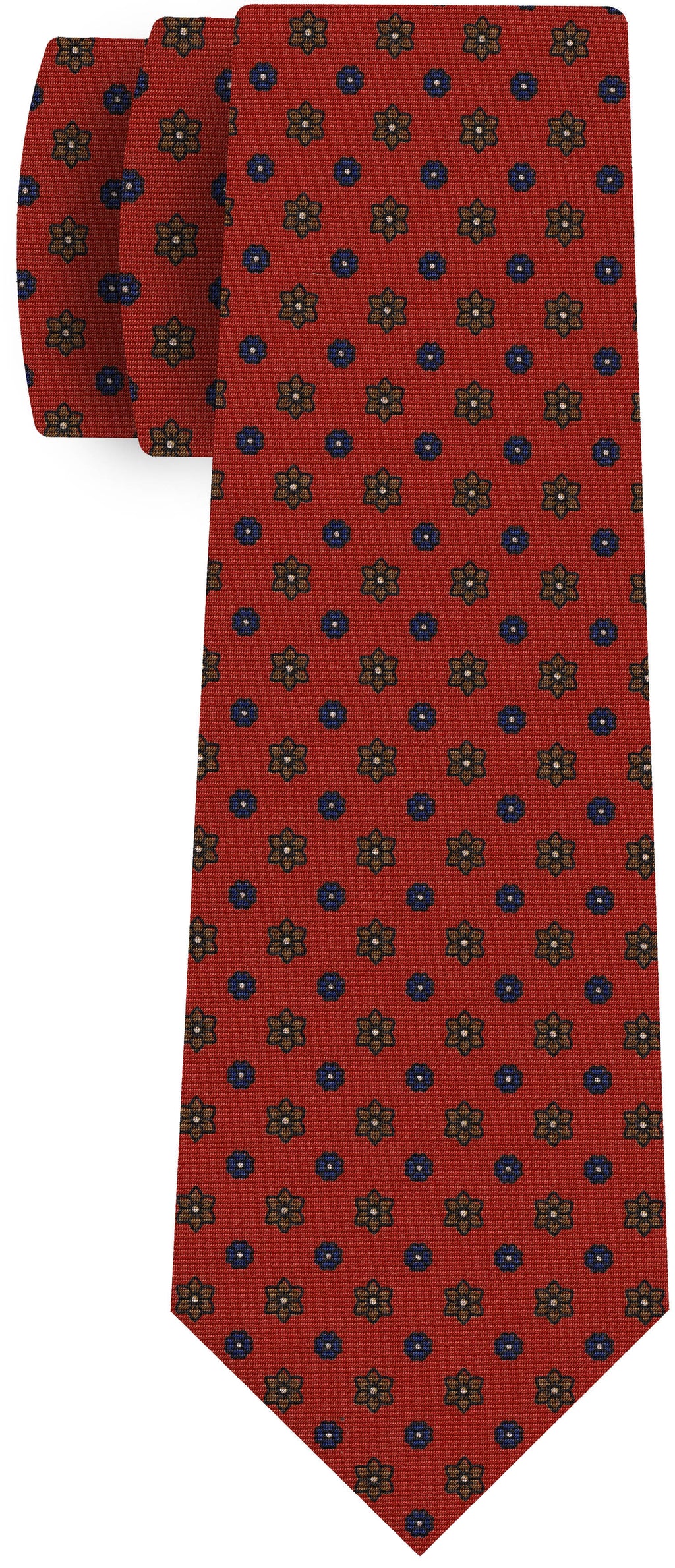{[en]:Navy Blue, Brown, Off White on Orange Print Pattern Silk Tie