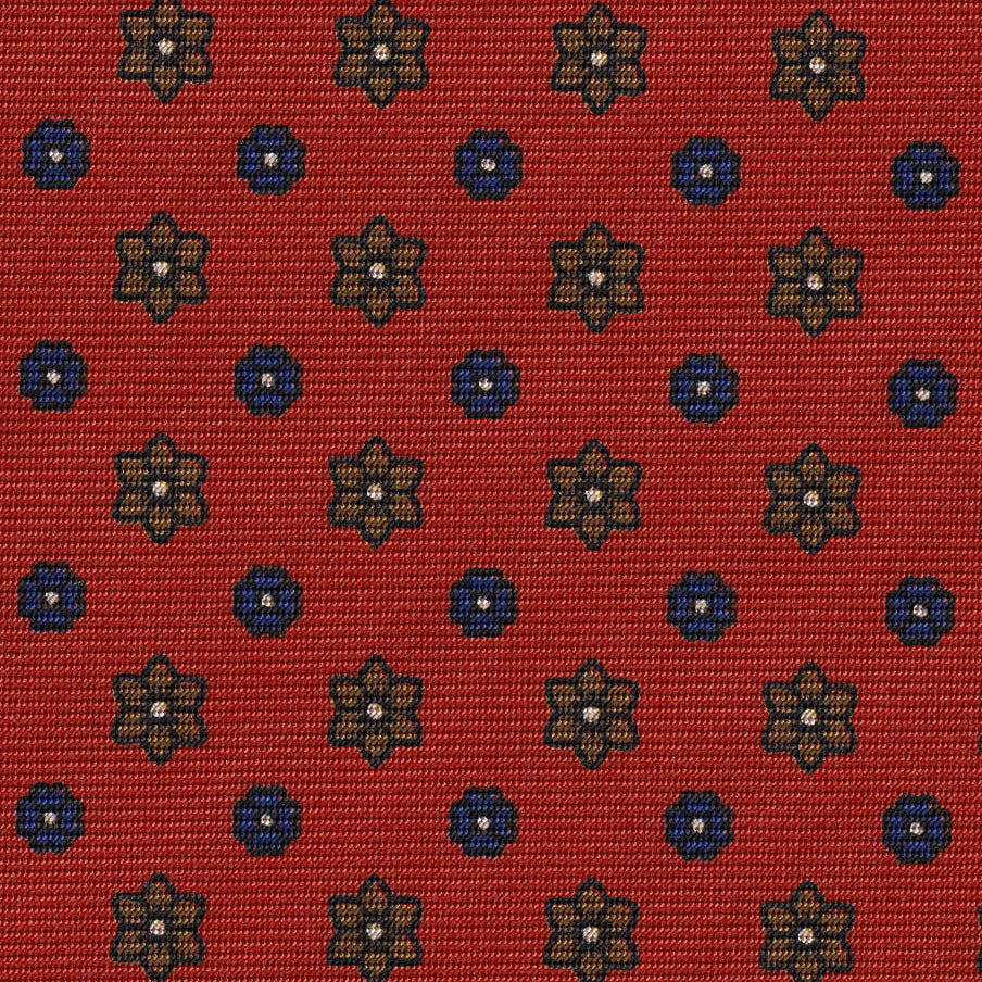 {[en]:Navy Blue, Brown, Off White on Orange Print Pattern Silk Tie