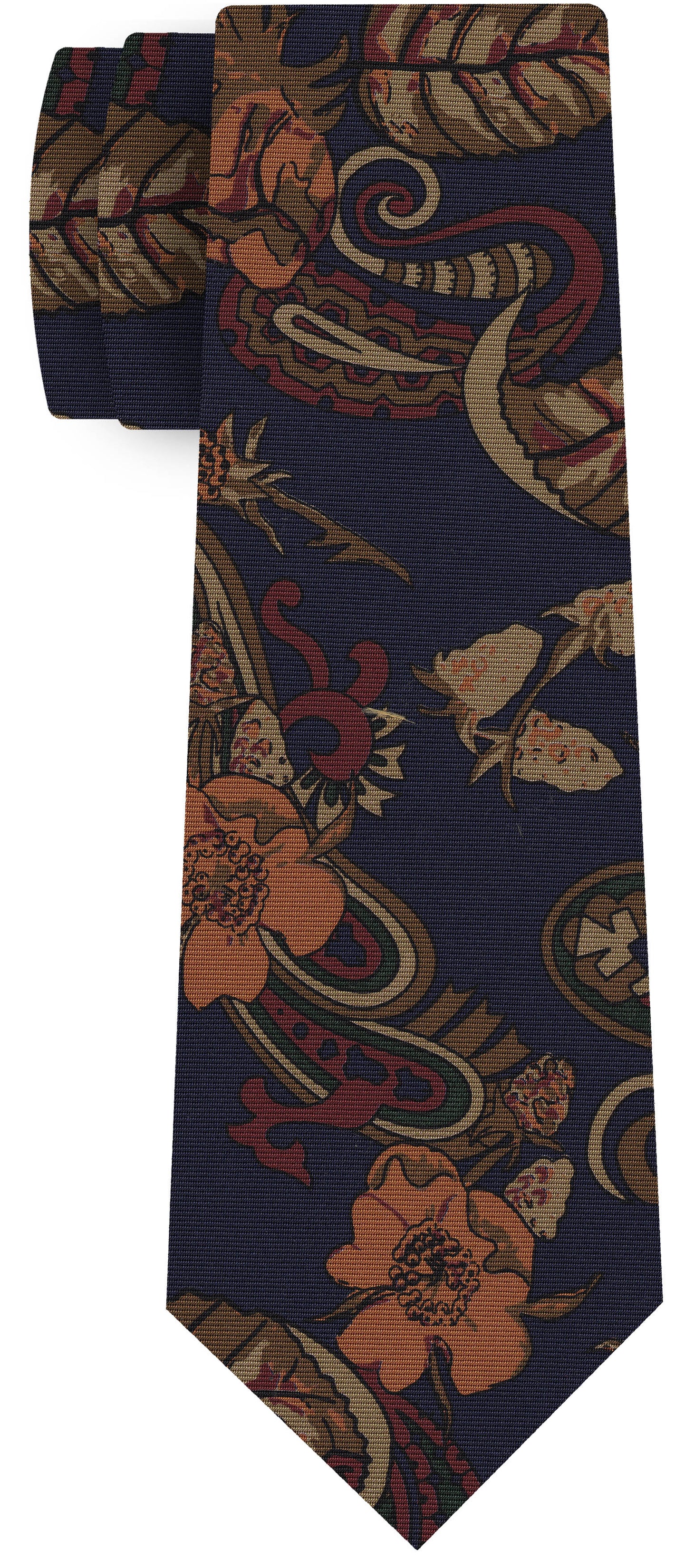 {[en]:Burnt Orange, Dark Red, Brown, Gold, Forest Green on Dark Navy Print Pattern Silk Tie