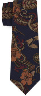 {[en]:Burnt Orange, Dark Red, Brown, Gold, Forest Green on Dark Navy Print Pattern Silk Tie