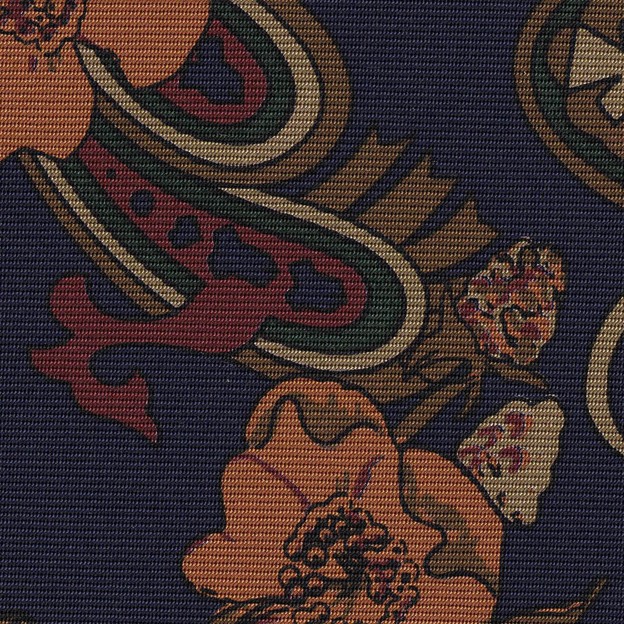 {[en]:Burnt Orange, Dark Red, Brown, Gold, Forest Green on Dark Navy Print Pattern Silk Tie